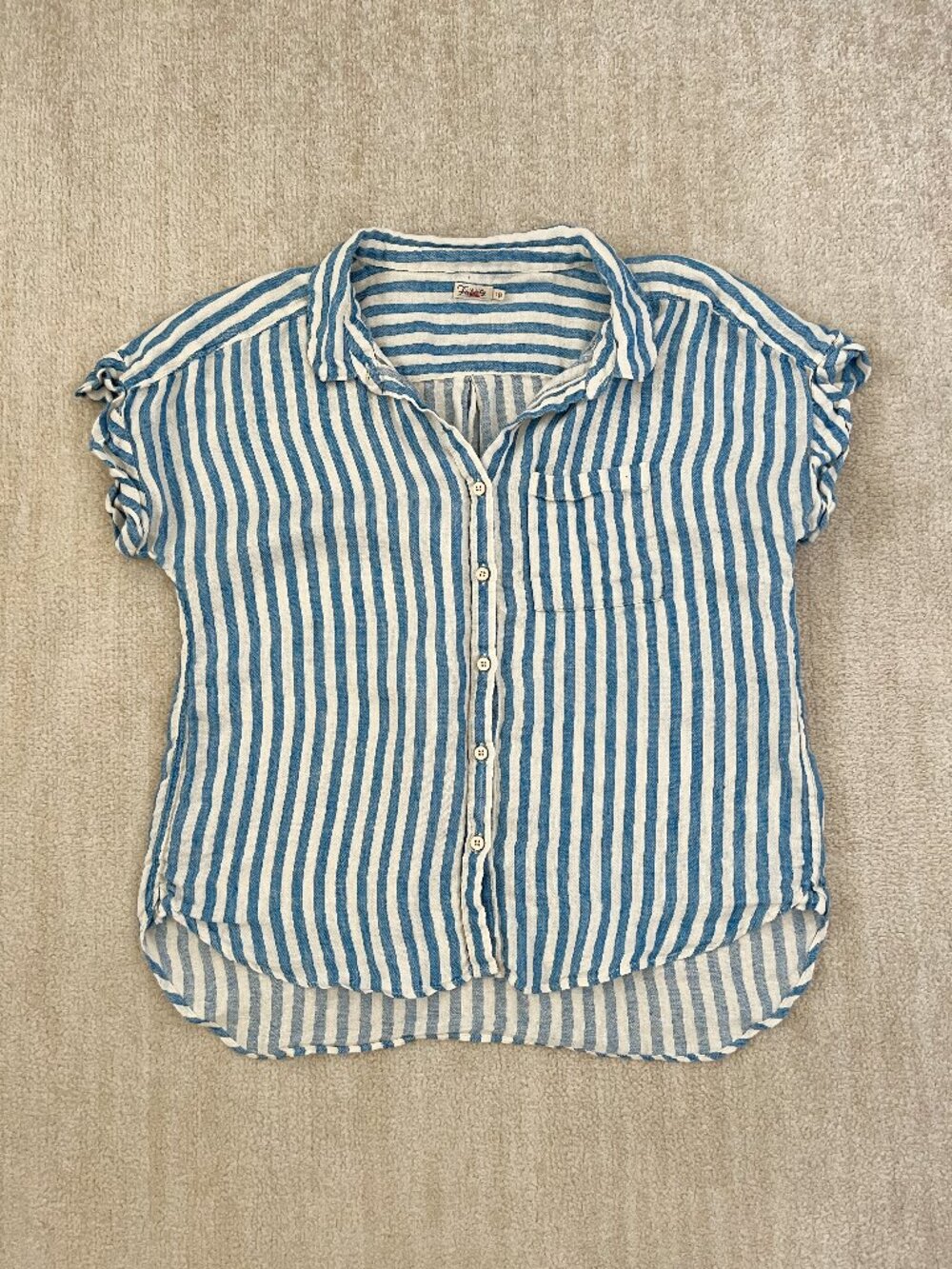 Faherty Linen Striped Short Sleeve Button Down Shirt Blue Boho Beach L
